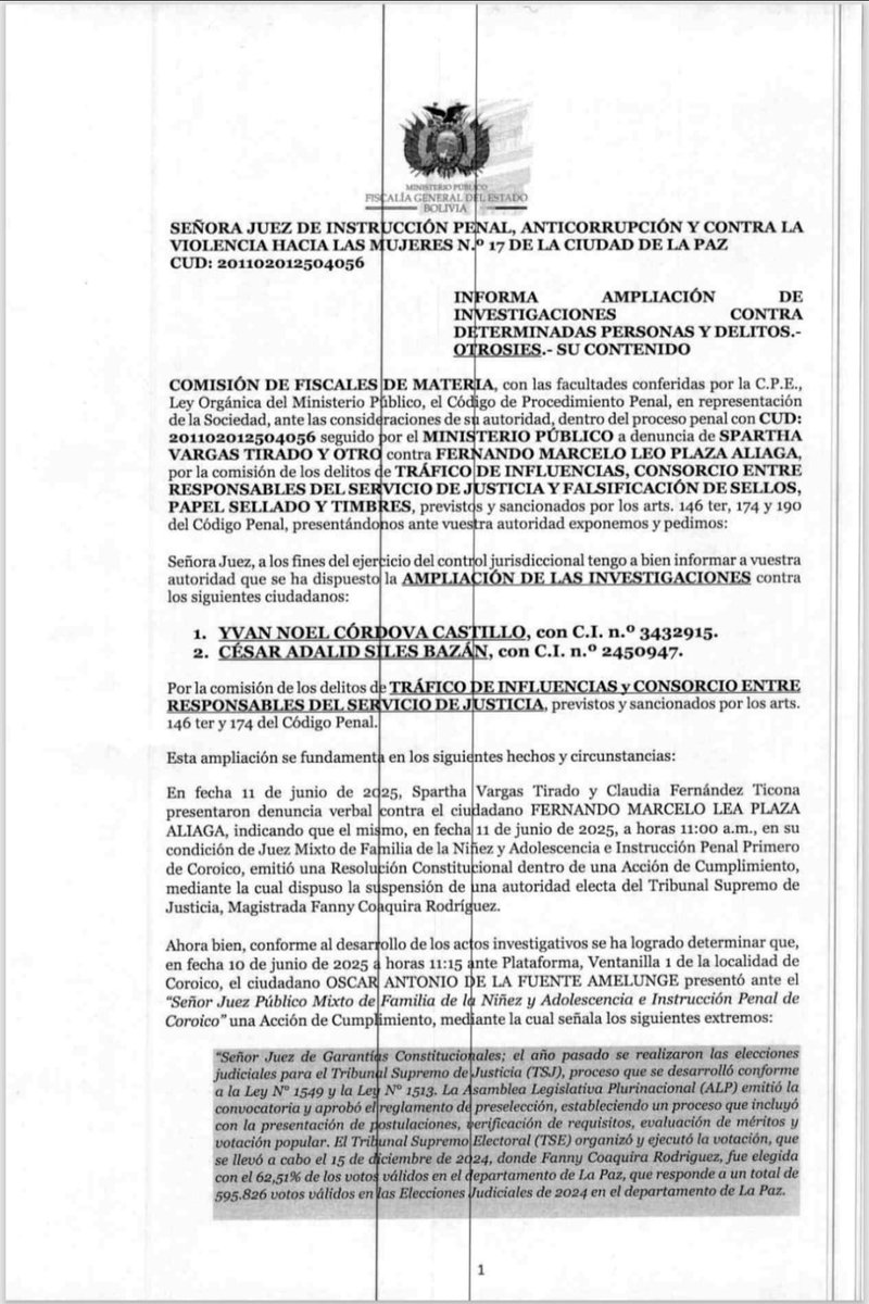 🟩 #GrupoFides | #RadioFidesLaPaz Amplían la investigación contra el exministro de Justicia, César Siles, y el presidente del Tribunal Departamental de Justicia de La Paz, Yvan Córdova, por el caso de presunto consorcio que buscaba destituir a una magistrada del TSJ.