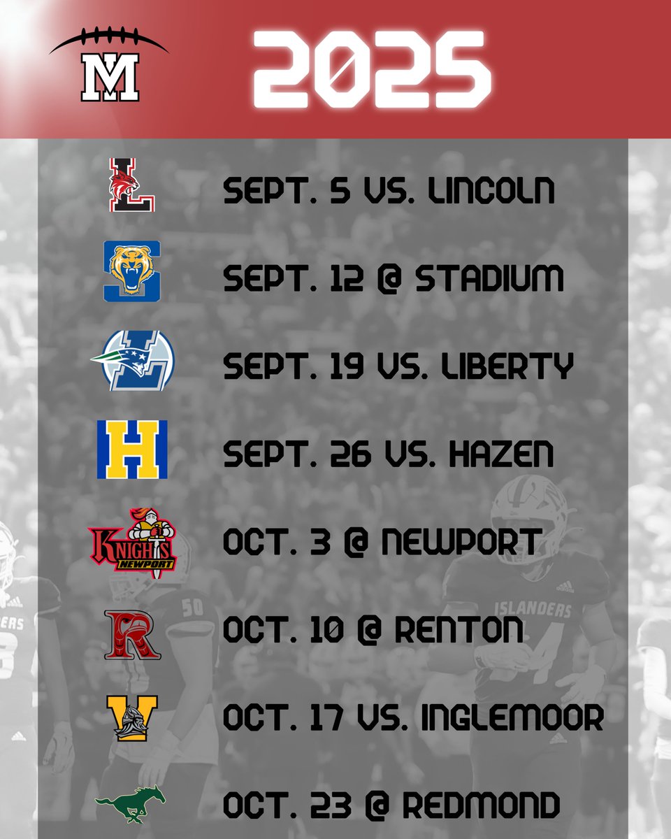 Islander fans, mark your calendars! Our 2025 schedule is here.

Be there on Sept. 5 in The Jungle when the team begins its defense of last season’s Mountain Division Championship.

#allin #goMI #footballisback