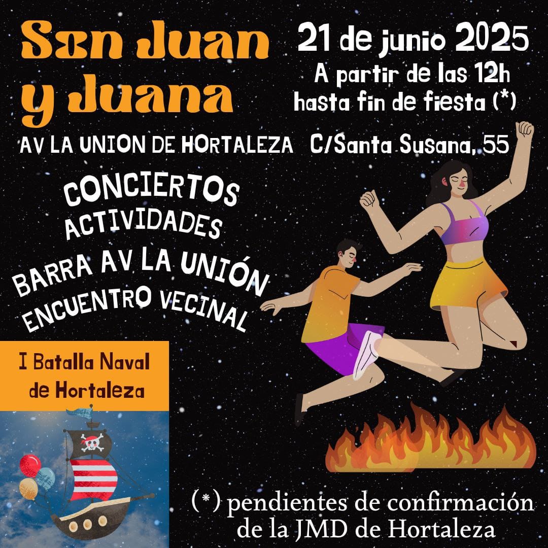 AVLaUnion's tweet image. Este sábado 21 de junio:
Juan  y Juana 2025,
Fiestas del Barrio de Parque de Santa María.
Organizadas por la Asociación Vecinal La Unión de Hortaleza
Os esperamos desde las 12h en la explanada de la c/Santa Susana,55.
Mira el programa y ven a disfrutar de las fiestas de barrio!!