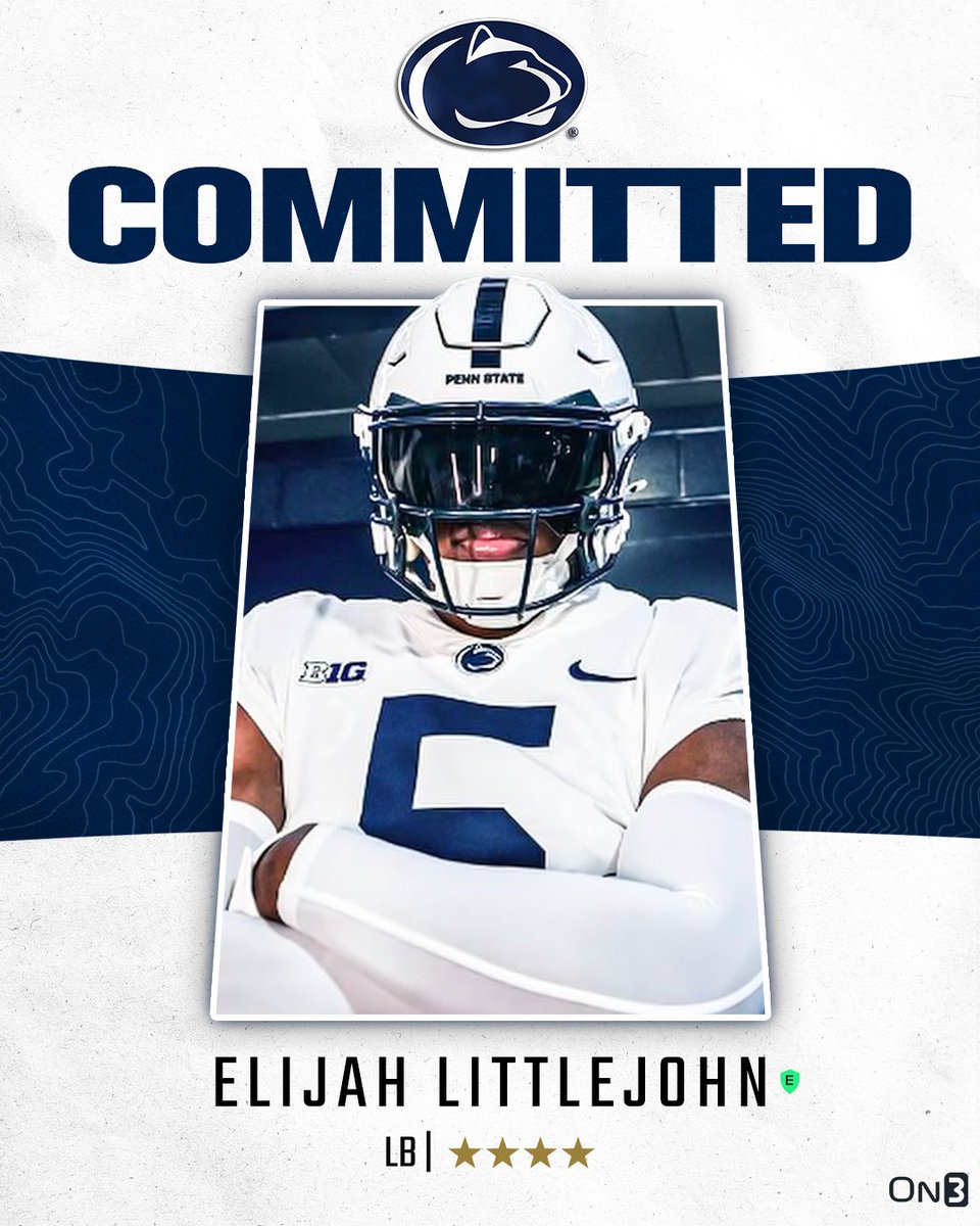 On3 Recruits (@on3recruits) on Twitter photo ๐จBREAKING๐จ 4-star LB Elijah Littlejohn has committed to Penn State, <a href="/ChadSimmons_/">ChadSimmons</a> reports๐ฆ
Read: on3.com/news/4-star-lbโฆ ๐จBREAKING๐จ 4-star LB Elijah Littlejohn has committed to Penn State, <a href="/ChadSimmons_/">ChadSimmons</a> reports๐ฆ
Read: on3.com/news/4-star-lbโฆ