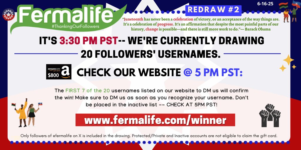 📢 We’re currently drawing 20 usernames for REDRAW#2. Check our website at 5PM PST to see if you are one of those listed on our website. The FIRST 7 OF THE 20 TO DM from the list will win! Remember, Redraw #2 is the last &amp; final redraw. CHECK at 5PM PST: fermalife.com/winner