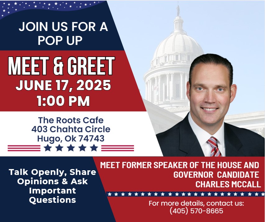 GOPChoctawCoOK's tweet photo. Tomorrow at 1:00 PM, come by and meet @CharlesMcCallOK; bring any questions you have for him. Also, if you can't make it, we do hope to have him visit us again in the coming months, hopefully in the evening. https://t.co/3a6N9Usvdy