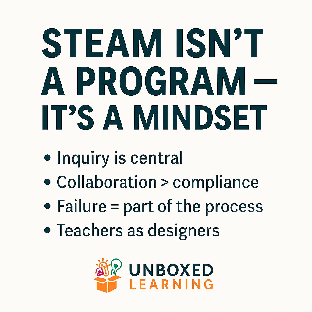 STEAM isn’t a program you add — it’s a mindset you build.
Less glitter. More inquiry.
Less compliance. More collaboration.
Less “fun Friday.” More everyday curiosity.
Build it right. Make it last.
#STEAMed #EdLeadership #UnboxedLearning #PBL #CultureShift
