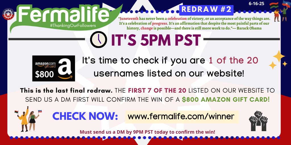 🎉IT'S 5PM PST! This is the final redraw so THE FIRST 7 OF THE 20 TO DM US FIRST WILL WIN! CHECK NOW to see if you are 1 of the 20 followers to be listed on our website. ✊ **HINT: Check if your account creation date matches first!** fermalife.com/winner ✨