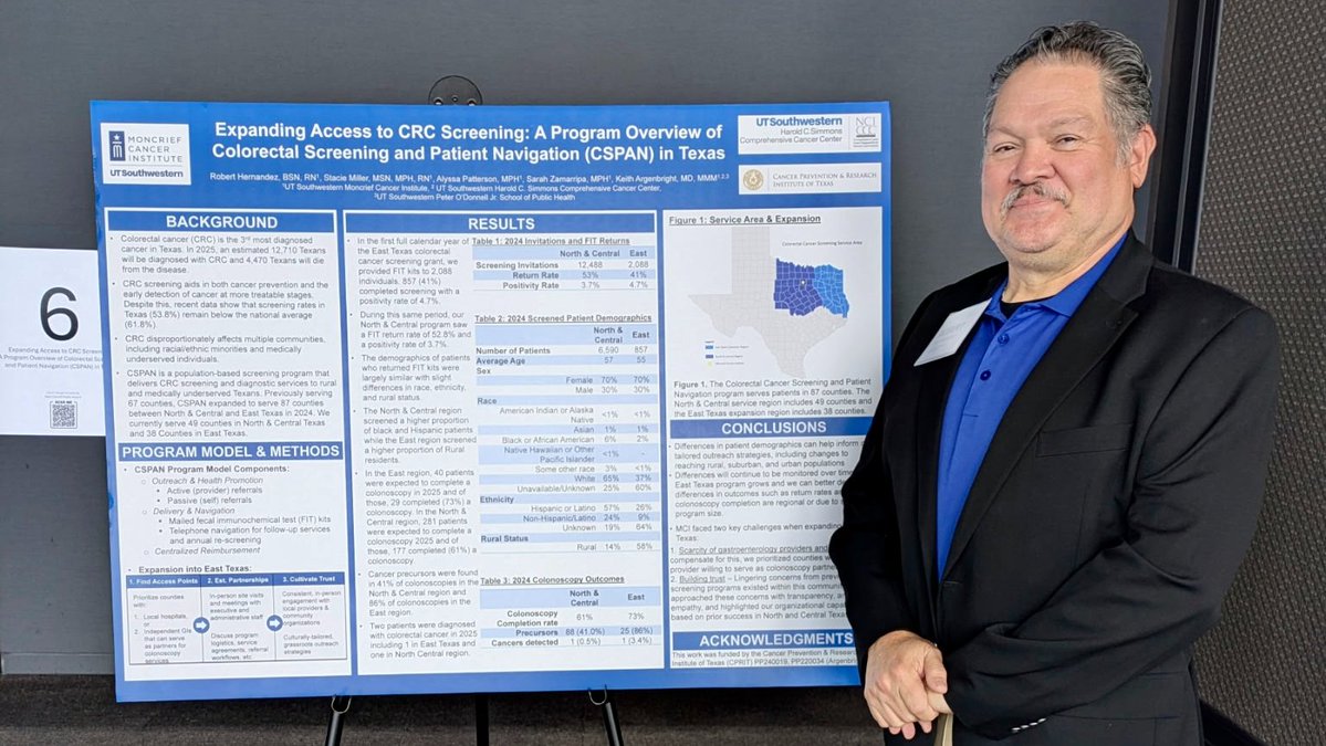 MoncriefCancer's tweet image. Last week our Oncology Nursing Supervisor Robert Hernandez, RN, presented a poster about our @CPRITTexas funded colorectal cancer screening and patient navigation program at the Southeastern Colorectal Cancer Consortium Conference. Congratulations and great work!