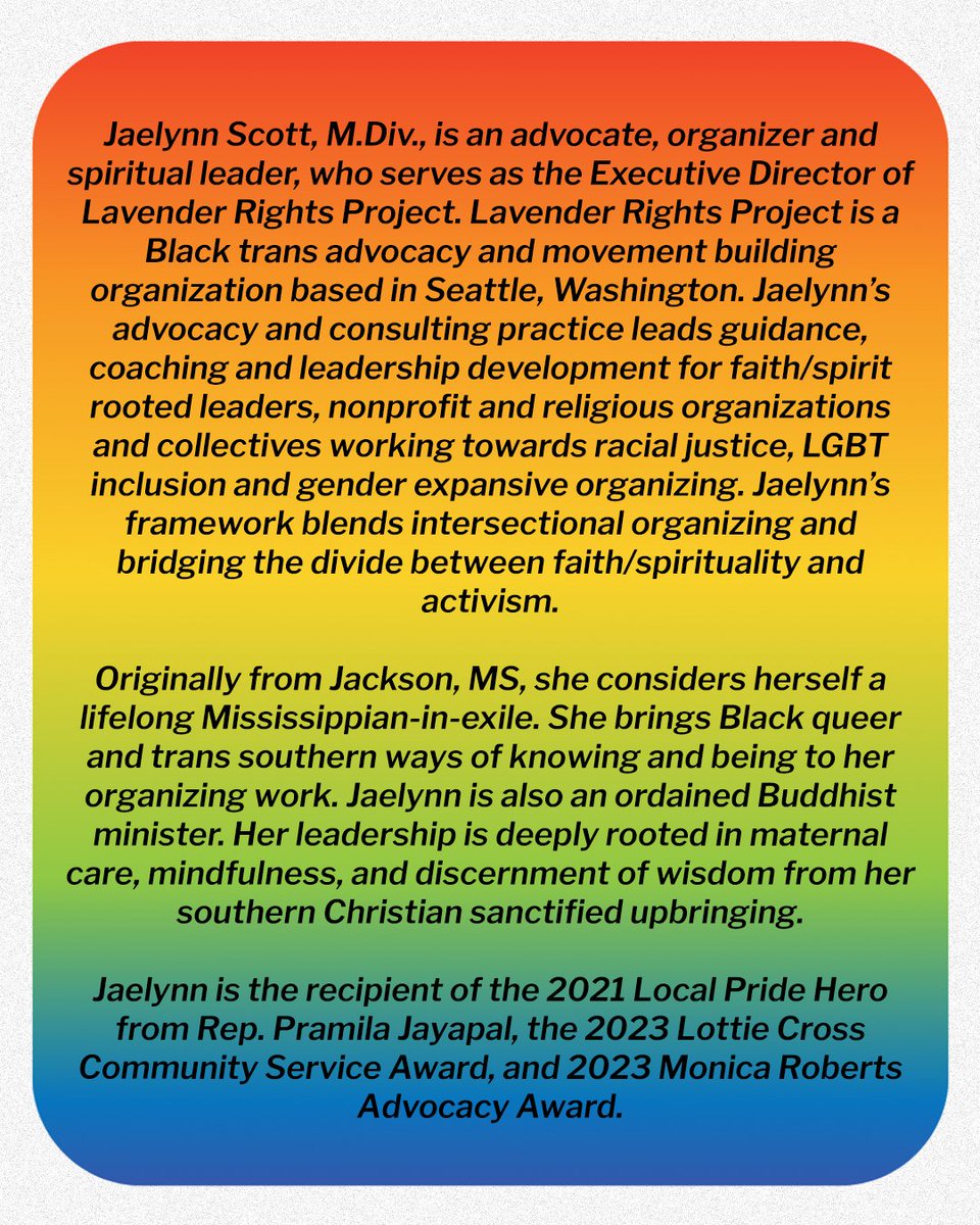 Rep. Pramila Jayapal (@repjayapal) on Twitter photo This Pride Month, I’d like to take a moment to highlight Jaelynn Scott, Executive Director of Lavender Rights Project!
Jaelynn is a fierce advocate for racial justice and LGBT inclusion in her work at LRP, while providing leadership development for faith and nonprofit This Pride Month, I’d like to take a moment to highlight Jaelynn Scott, Executive Director of Lavender Rights Project!
Jaelynn is a fierce advocate for racial justice and LGBT inclusion in her work at LRP, while providing leadership development for faith and nonprofit