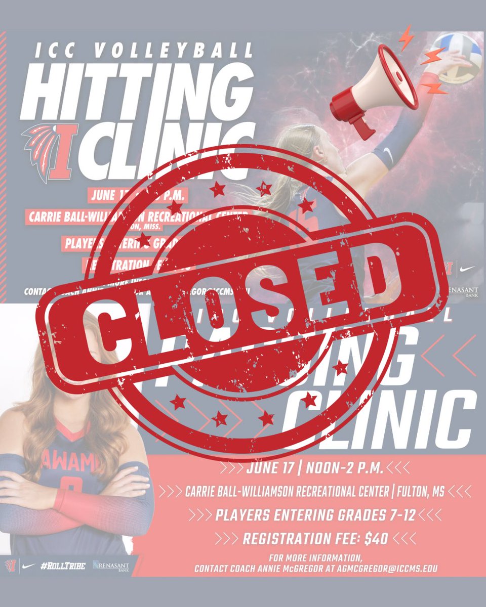 At this time we are not taking walk-up registration for our hitting and passing clinics tomorrow! Please feel free to register for our Elementary School, Setting,and Middle School Clinics! #RollTribe 
🔗: commerce.cashnet.com/ICCMSCAMPS?cna…