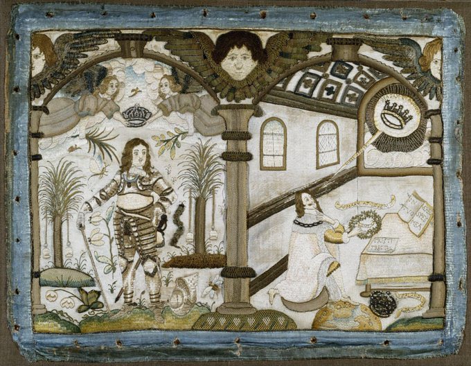 Embroidered picture, c. 1650-60. Charles I from the frontispiece of 'Eikon Basilike' and Charles II on the left.  (Victoria &amp; Albert Museum, London)
