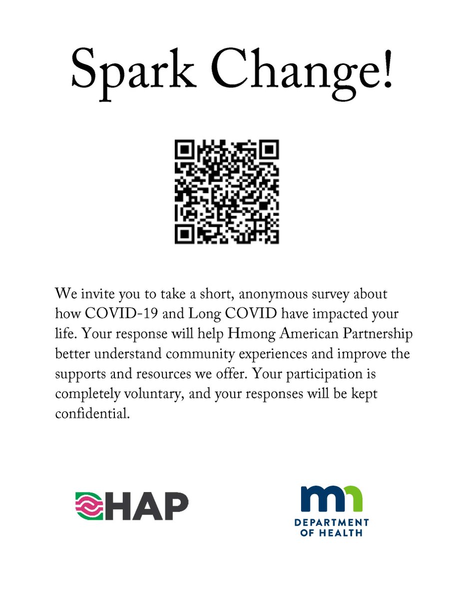 📢 Spark Change!
Take a short, anonymous survey on how COVID-19 &amp; Long COVID impacted you.

🎁 $10 Target gift cards for the first 429 respondents!
Help HAP improve support for our community.

📱 Scan the QR code to start!

#SparkChange #HAP