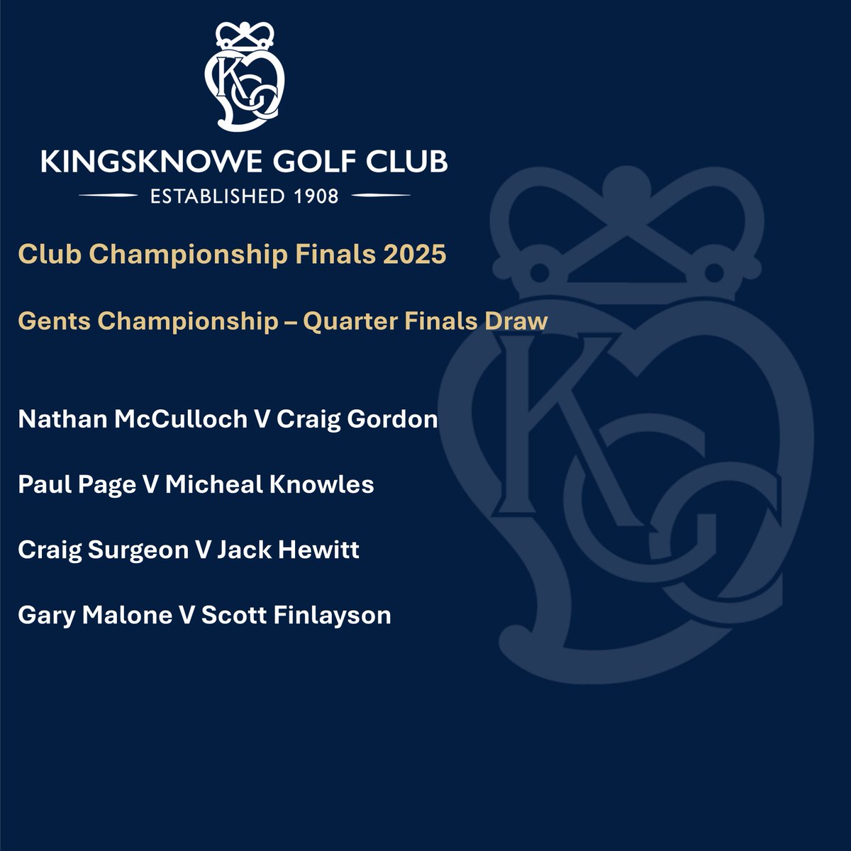 After some excellent golf this evening our top 16 gents are down to the last 8. Here's how the matches ended &amp; the draw for the quarter finals on Wednesday.

#kingsknowegolfclub #edinburghgolf #scottishgolf #clubchampionship #golfinscotland #morethanagolfclub  #golfstagram