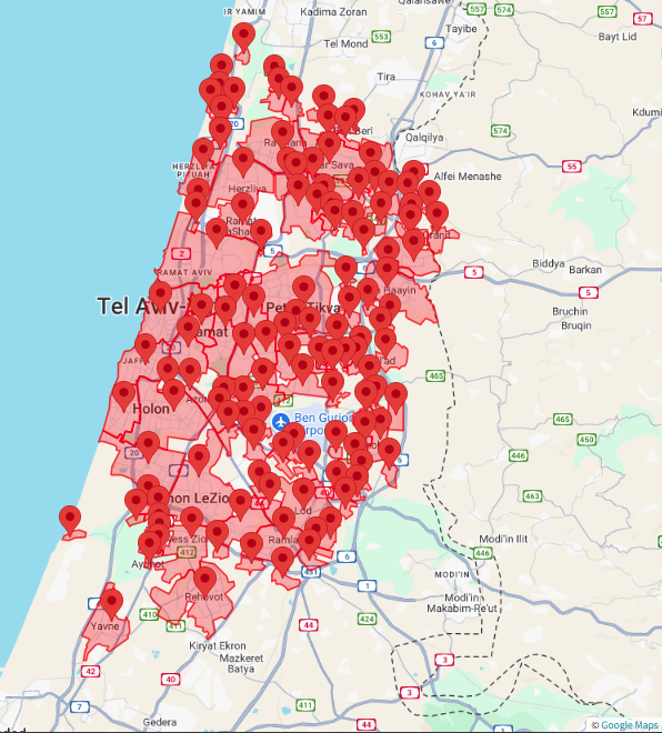 ThrowawatD's tweet photo. Tel Aviv's current alert map from Iran's missile barrage. https://t.co/OIxmuZqv8r