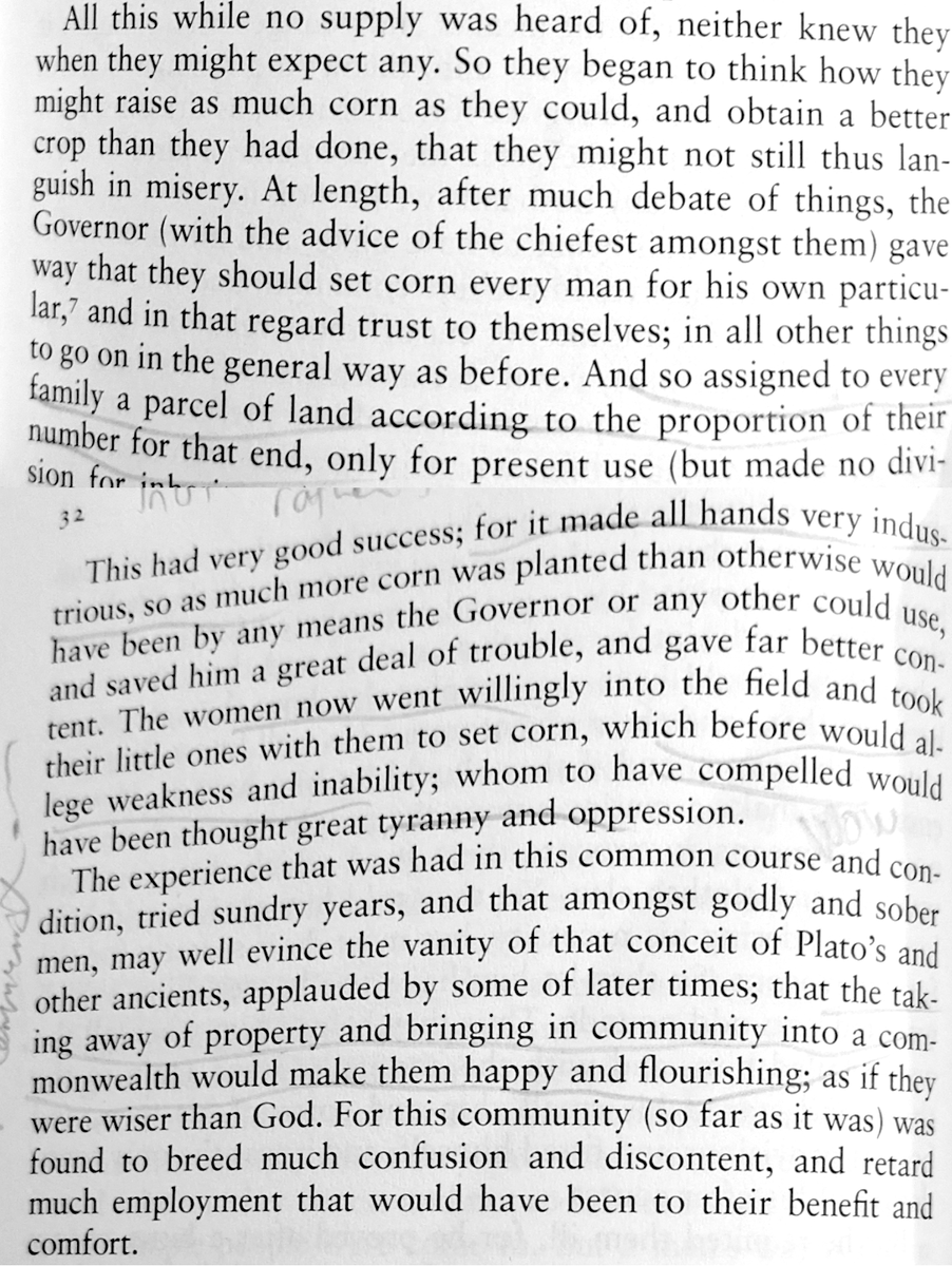 _DanMoller_'s tweet photo. Moving to see the Mayflower colonists try Plato's communism and discover they needed private property! Reminiscent of @ATabarrok on China's similar discovery.
 https://t.co/nK5jtNGJVK https://t.co/NLaGPrKRog