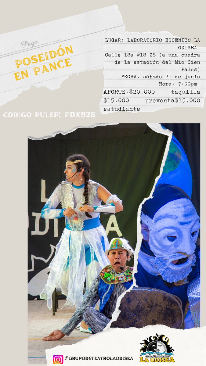 RobertoOdiseo's tweet photo. 🎭  ¿Que hace el dios Poseidón en Cali ve?
Este sábado 21 de junio Poseidon visitará al  LABORATORIO ESCENICO LA ODISEA en la ciudad de Cali.
El dios Poseidón luego de sentirse traicionado por su amada prometida Testis, irá al rescate de ella.
Sábado 21 de junio
Cel 3117233025 https://t.co/S3IOfxiBRu