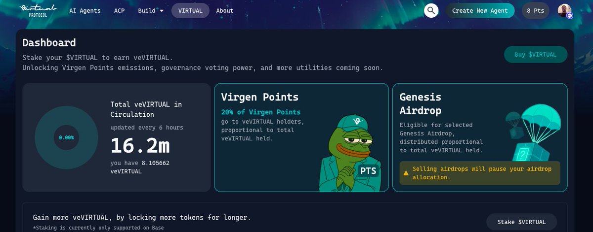 savaktheonlyone's tweet image. Dive into the future of AI with @virtuals_io 
👾 Stake $VIRTUAL to earn veVIRTUAL
🏆 Unlock Virgen Points &amp;amp; governance power
🎁 Qualify for exclusive Genesis Airdrops
Your key to the AI-powered economy starts here.
#VirtualAI #AI #Crypto #Airdrop #Web3