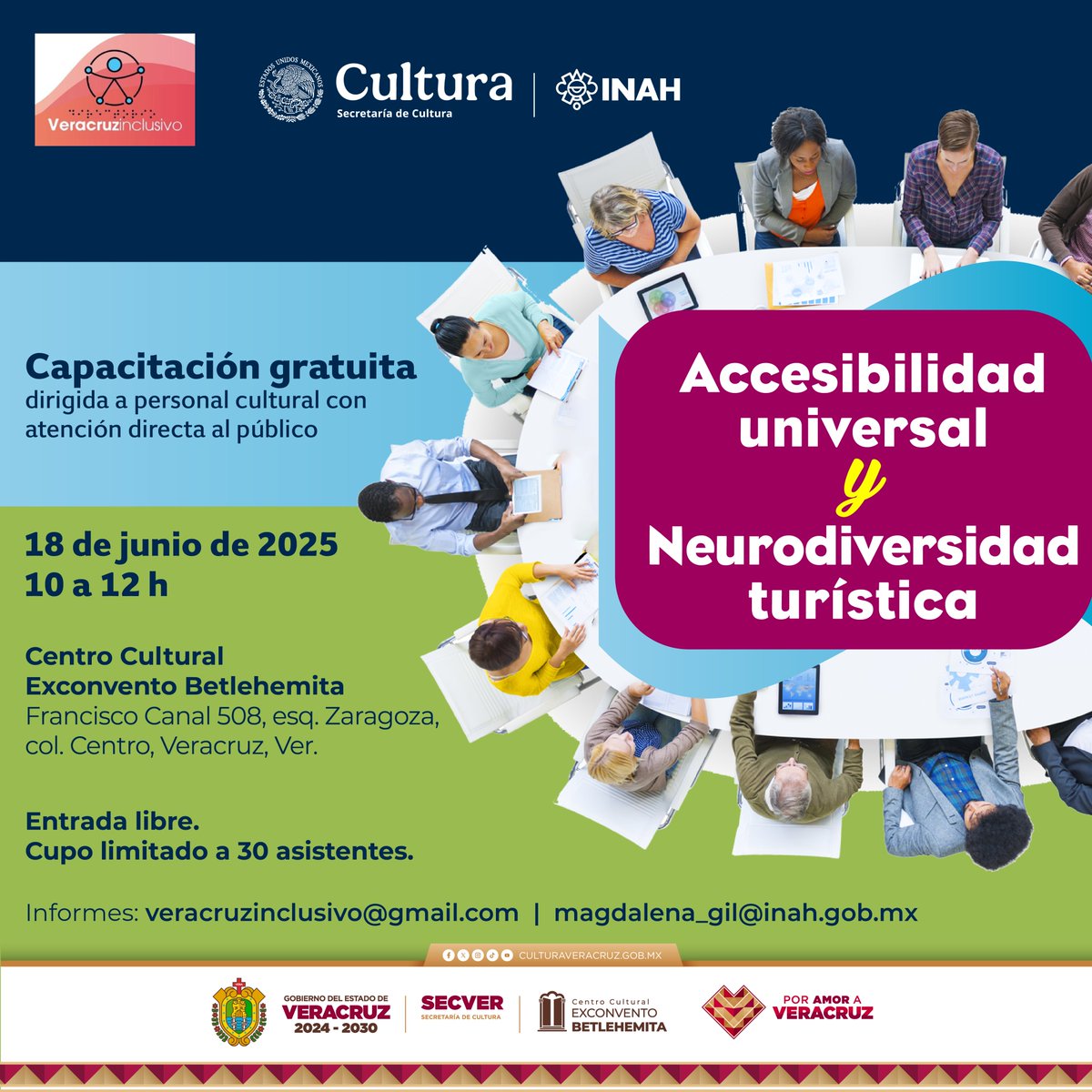 En coordinación con el Centro INAH Veracruz y la Red Veracruz inclusivo invitamos a la capacitación gratuita "Accesibilidad universal y neurodiversidad turística".

🗓️18 de junio | Solicita tu registro por correo:
🔵veracruzinclusivo@gmail.com
🟡magdalena_gil@inah.gob.mx