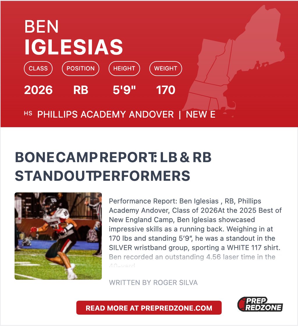 Benjamin Iglesias 2026 (@iglesiasben28) on Twitter photo Thank you @2025BONECAMP for selecting me as a Standout RB. <a href="/cbrownandovere1/">Coach Brown</a>, <a href="/ScoutingNE/">Coach Silva</a>, <a href="/PrepRedzone/">Prep Redzone 🏈</a> Thank you @2025BONECAMP for selecting me as a Standout RB. <a href="/cbrownandovere1/">Coach Brown</a>, <a href="/ScoutingNE/">Coach Silva</a>, <a href="/PrepRedzone/">Prep Redzone 🏈</a>