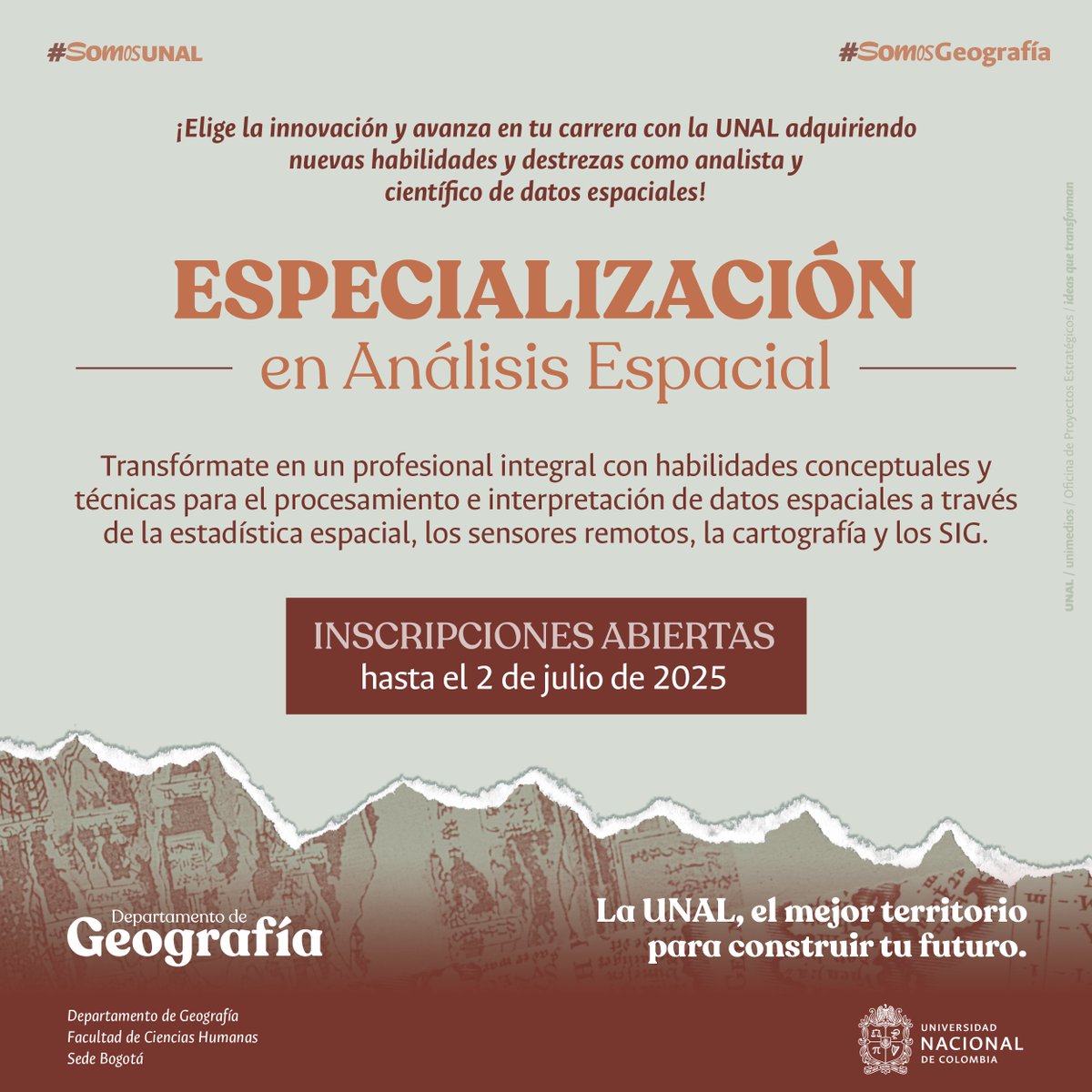 #AdmisionesUNAL ⏳ ¡Cuenta regresiva activada! Quedan pocos días para transformar tu perfil profesional con la Especialización en Análisis Espacial UNAL ¡El cierre de inscripciones es el 2 de julio! Consulta toda la información que necesitas saber aquí 👉 t.ly/7CRmw