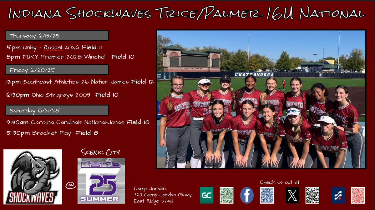 Tessa Mohr (@2027_tessamohr) on Twitter photo Shockwaves are heading to Scenic City!! Heres our schedule for this week 🐘❤️
<a href="/sw09tricepalmer/">Indiana Shockwaves 16U Trice-Palmer Premier</a> <a href="/ShockwavesSB/">Indiana Shockwaves</a>
<a href="/IndStSoftball/">Indiana State Softball</a> <a href="/SAUBeesSoftball/">St. Ambrose University Fighting Bees Softball</a> <a href="/Earlhamsoftball/">Earlham Softball</a> <a href="/ZipsSB/">Akron Zips Softball</a> <a href="/IUSBsoftball/">IUSBsoftball</a> <a href="/NKUNorseSB/">NKU Softball 🥎</a> <a href="/UIndySoftball/">UIndy Softball</a> <a href="/TU_Softball/">Taylor University Softball</a> <a href="/MoStateSoftball/">Missouri State Softball</a> <a href="/UEAthletics_SB/">UE Softball</a> Shockwaves are heading to Scenic City!! Heres our schedule for this week 🐘❤️
<a href="/sw09tricepalmer/">Indiana Shockwaves 16U Trice-Palmer Premier</a> <a href="/ShockwavesSB/">Indiana Shockwaves</a>
<a href="/IndStSoftball/">Indiana State Softball</a> <a href="/SAUBeesSoftball/">St. Ambrose University Fighting Bees Softball</a> <a href="/Earlhamsoftball/">Earlham Softball</a> <a href="/ZipsSB/">Akron Zips Softball</a> <a href="/IUSBsoftball/">IUSBsoftball</a> <a href="/NKUNorseSB/">NKU Softball 🥎</a> <a href="/UIndySoftball/">UIndy Softball</a> <a href="/TU_Softball/">Taylor University Softball</a> <a href="/MoStateSoftball/">Missouri State Softball</a> <a href="/UEAthletics_SB/">UE Softball</a>