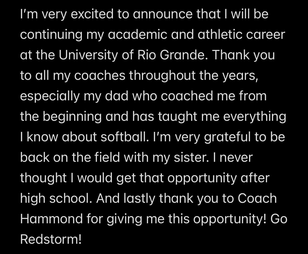 Excited to announce my commitment to the University of Rio Grande! ❤️
<a href="/SoftballRio/">RioGrandeSoftball</a> <a href="/OhioHawks_08/">Ohio Hawks 08 Kennedy</a> <a href="/FairfieldSB/">FairfieldSB</a>