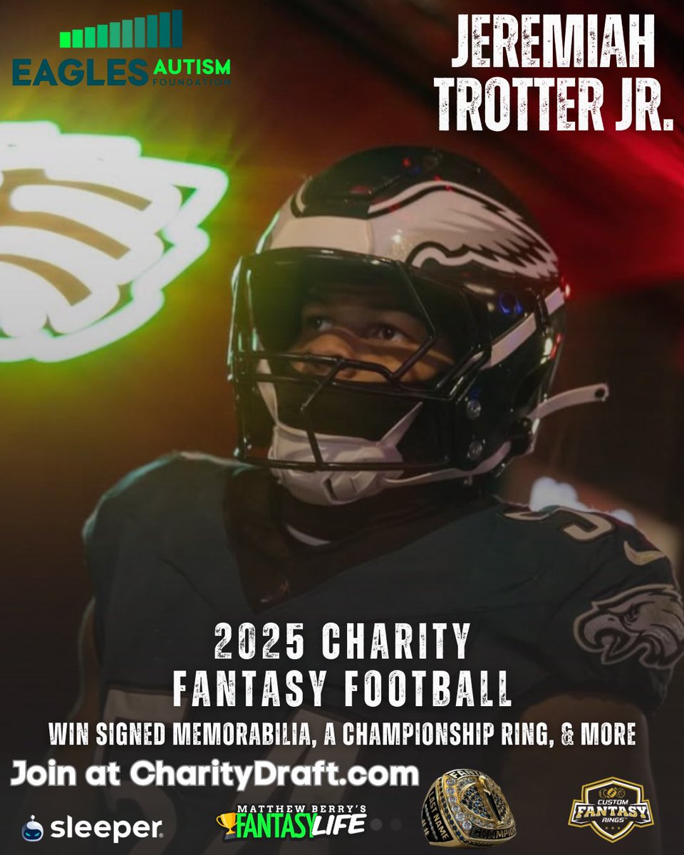 AE30Foundation's tweet image. ‼️Announcing the 1st annual Jeremiah Trotter Jr. Charity Fantasy Football League! Profits support Eagles Autism Foundation.
Prizes include signed memorabilia, a championship ring, and more.
REGISTER NOW at CharityDraft.com 🏈