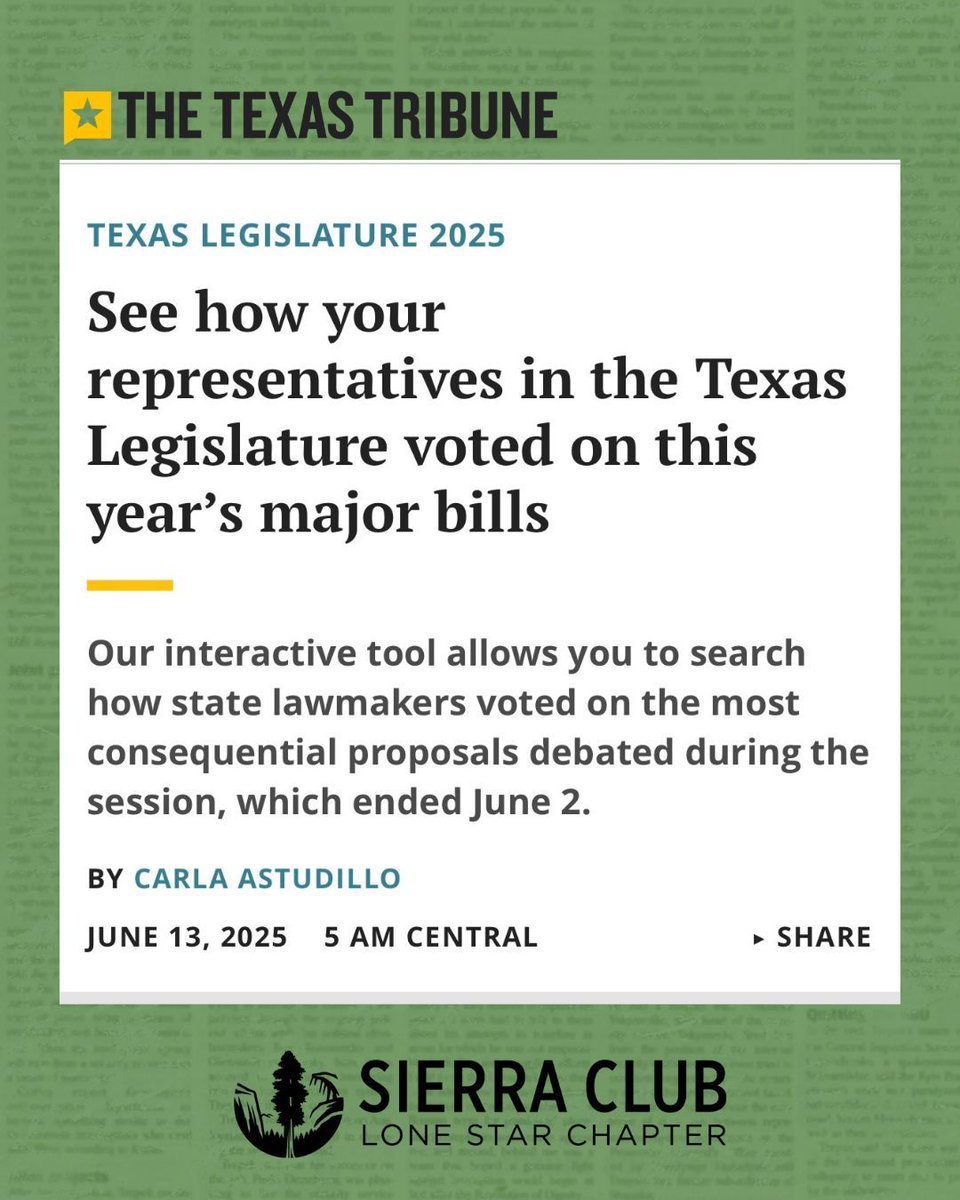 TexasSierraClub's tweet image. Curious how your legislators voted this session? 🧐
Use the TX Tribune’s tool to find out who said YES or NO on key bills like SB 6, SB 7 & HJR 7 — all supported by Sierra Club.
We’re working on our 2025 Scorecard. How did your legislators vote? 👇
🔗 bit.ly/448Ee3n