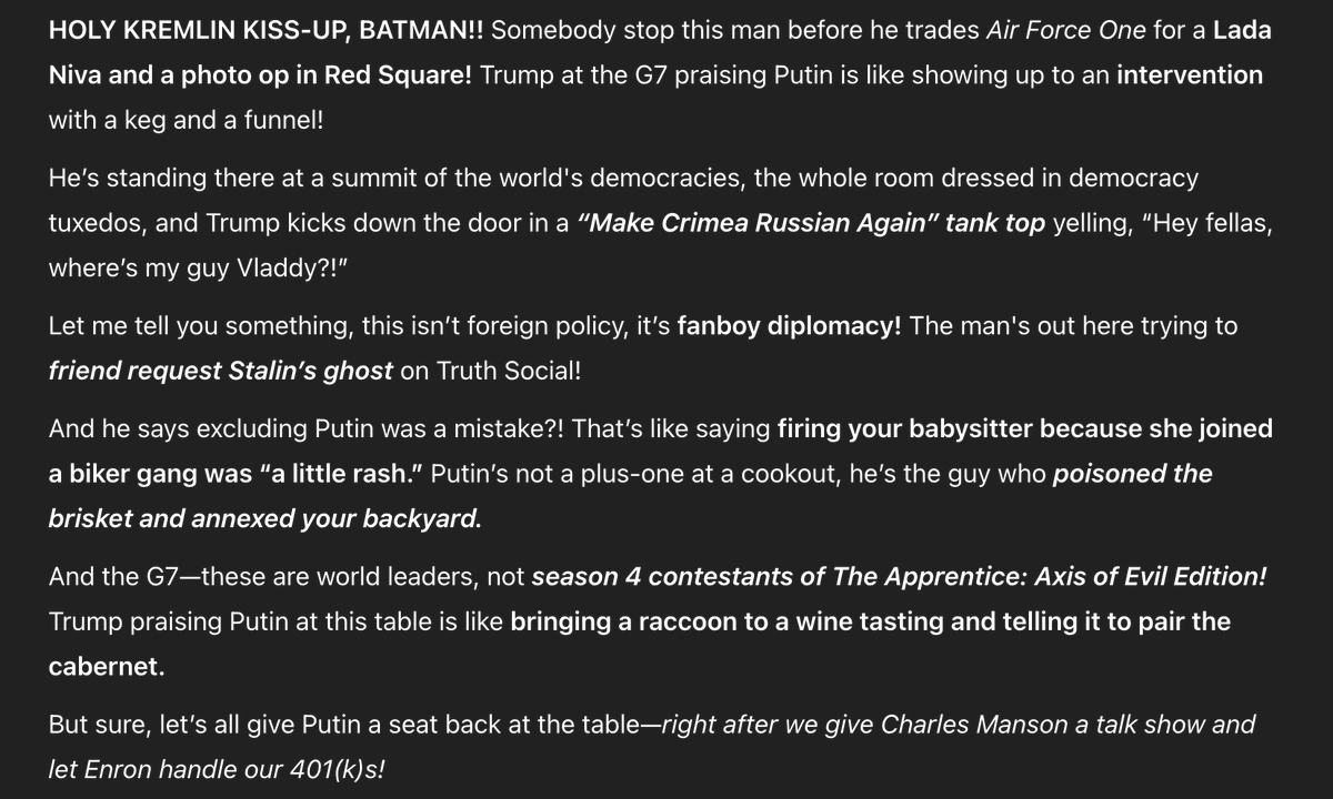 i make very effective use of AI in my daily workflows:

i have GPT trained on transcripts of darrell hammond doing chris matthews on hardball skits on SNL and feed it headlines