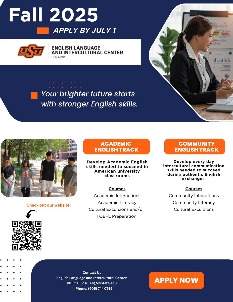 Are you ready to unlock global opportunities? 🌍
Join the English Language and Intercultural Center at OSU this Fall and build the language skills you need for academic success and real-world communication.
Apply by July 1 to start your journey!

#osuglobal #englishlearning