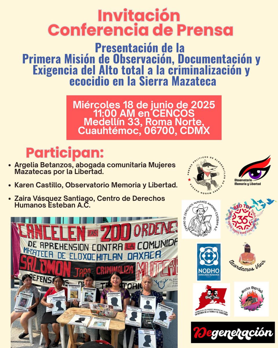 #RuedadePrensa 

🗓️18 junio. 
⏰11:00 hrs.
📍Medellín 33, Roma Norte, Cuauhtémoc, CP 06700, Ciudad de México.

Para hablar de la primera Misión de Observación a Eloxochitlán de Flores Magón y el contexto en el que se desarrolla. 

#AbsoluciónTotalParaEloxochitlán
#Justicia