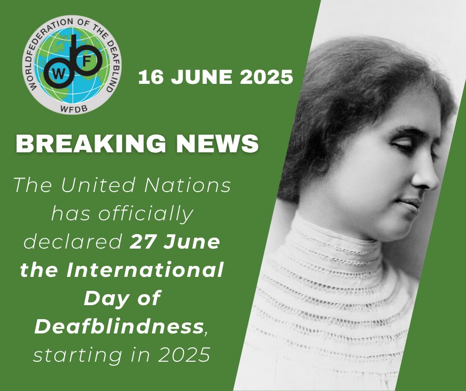 The World Federation of the Deafblind (WFDB) (@wfdeafblind) on Twitter photo 📢 Breaking news! The <a href="/UN/">United Nations</a> has officially declared 27 June the International Day of #Deafblindness, starting in 2025!
This is a historic step in recognising deafblindness as a distinct disability.
Thank you to <a href="/CroatiaUN/">Croatia at the UN</a>, our members, partners & allies for making this possible! 🙌 📢 Breaking news! The <a href="/UN/">United Nations</a> has officially declared 27 June the International Day of #Deafblindness, starting in 2025!
This is a historic step in recognising deafblindness as a distinct disability.
Thank you to <a href="/CroatiaUN/">Croatia at the UN</a>, our members, partners & allies for making this possible! 🙌