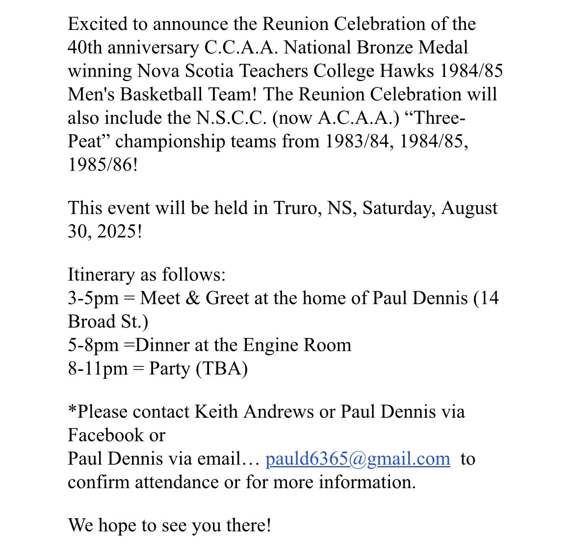 Wow! Fantastic news… I am going to do my best to get there! Great memories! <a href="/ACAA_AASC/">ACAA</a> <a href="/CCAAsportACSC/">CCAA 🇨🇦 ACSC</a> <a href="/ktandrewscoach/">Keith Andrews</a> <a href="/allaspectsball/">AllAspectsBasketball</a>