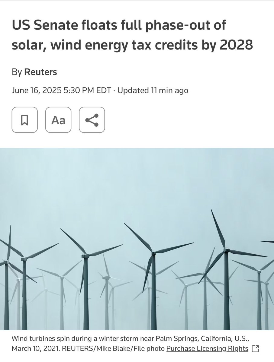 “The U.S. Senate tax committee proposed a full phase-out of solar and wind energy tax credits by 2028, but extended the incentive to 2036 for Trump administration-favored hydropower, nuclear and geothermal energy, according to a draft bill circulated on Monday.”

Read full