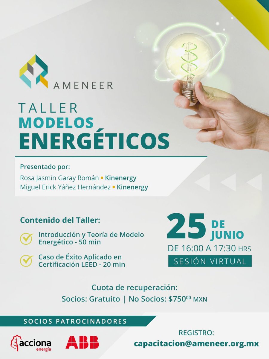 Encuentra en #CapacítateEE información sobre eventos, foros, talleres y diplomados en el campo de la #EficienciaEnergética. En esta ocasión, te recomendamos el taller "Modelos Energéticos" de <a href="/AAmeneer/">Asociación de Empresas de Eficiencia Energética AC</a>:   

📌Más información: bit.ly/3lbhSJ4