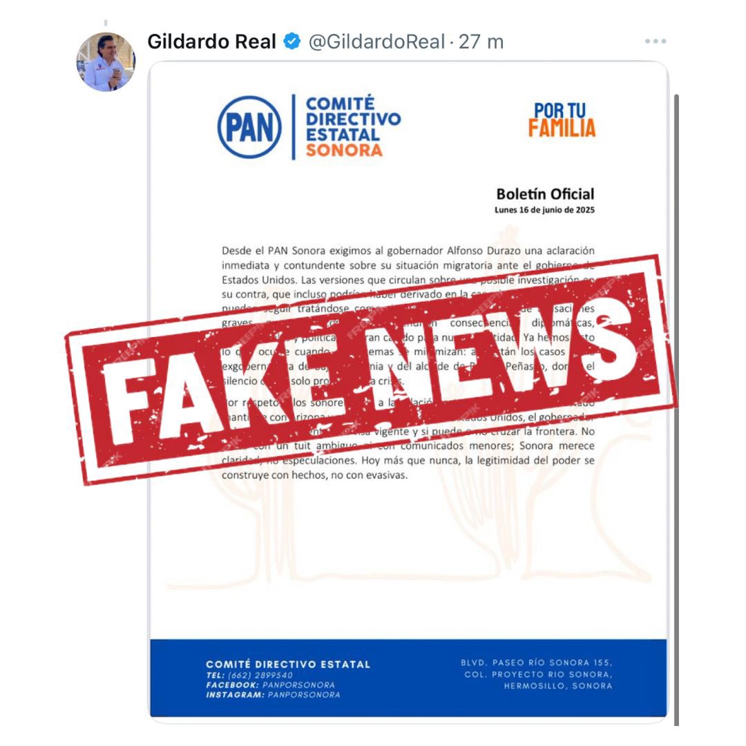 Esto es una muestra clara de quién está detrás de la campaña negra de desinformación en contra de nuestro gobernador <a href="/AlfonsoDurazo/">Alfonso Durazo</a> . Afirman infundadamente que ha sido señalado por autoridades de EE.UU., cuando lo único que existe es un burdo montaje: un pantallazo evidentemente