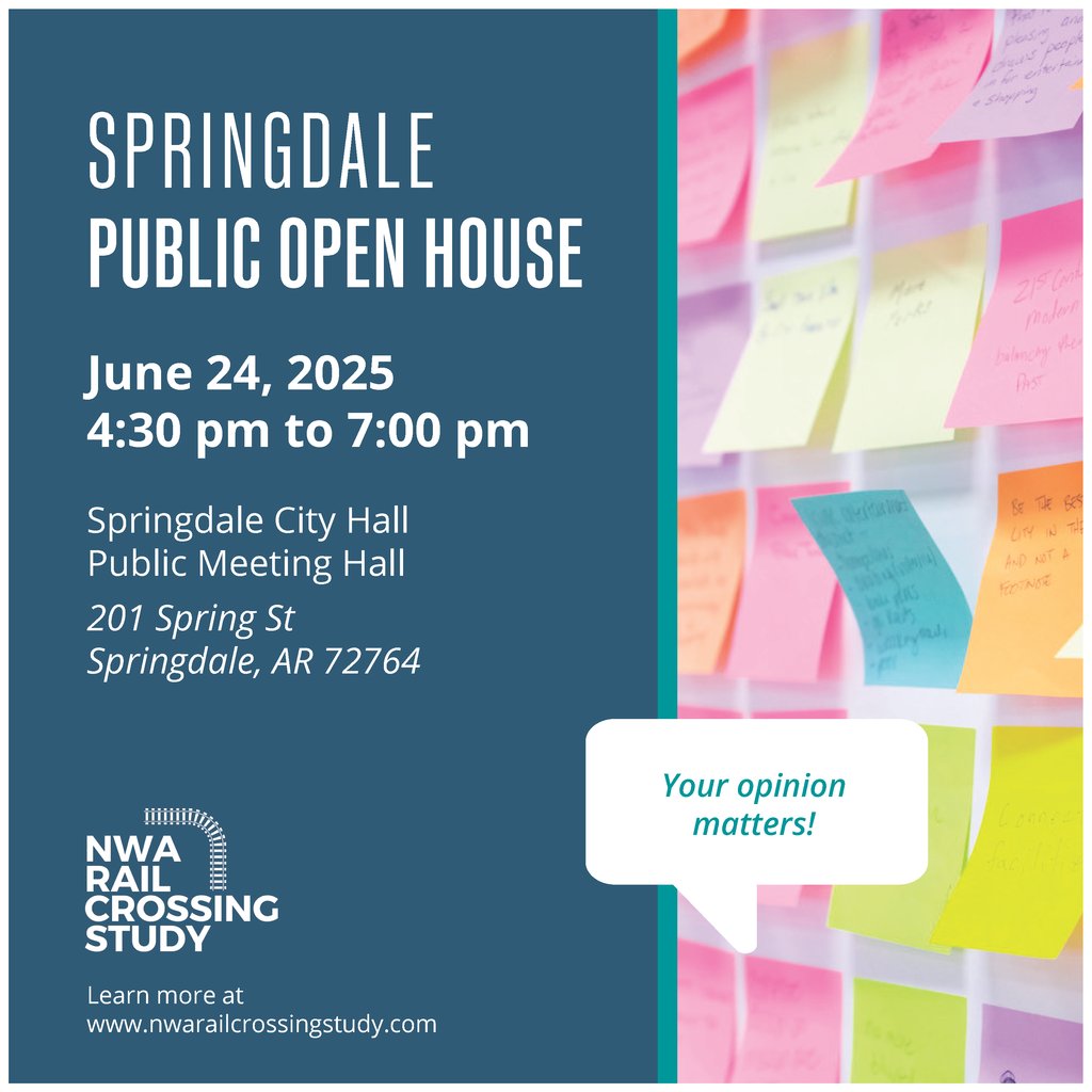 Press Release: 
Public Input Sought For NWA Rail Corridor Safety Study

For more information or to submit comments, visit the project website nwarailcrossingstudy.com.