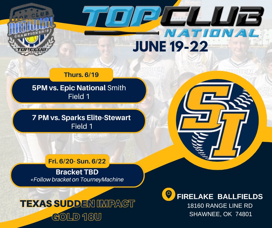 Texas Sudden Impact Oglesby (@si_oglesby) on Twitter photo It’s GO TIME again!! These girls are ready to take the field in OKC this week and fight for a repeat of our Top 3 finish from last year at the Top Club Fastpitch Nationals!! <a href="/AGLSoftball/">AthletesGoLive Softball</a> <a href="/ExtraInningSB/">EXTRA INNING SOFTBALL</a> <a href="/D1Softball/">D1Softball</a> It’s GO TIME again!! These girls are ready to take the field in OKC this week and fight for a repeat of our Top 3 finish from last year at the Top Club Fastpitch Nationals!! <a href="/AGLSoftball/">AthletesGoLive Softball</a> <a href="/ExtraInningSB/">EXTRA INNING SOFTBALL</a> <a href="/D1Softball/">D1Softball</a>