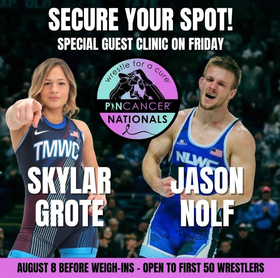 PinCancer's tweet photo. The #PinCancer Nationals just got even better! Join us Friday between weigh-ins for this exclusive opportunity to learn and train with the best! @jasonnolf @skygrote https://t.co/fk2xtbple4