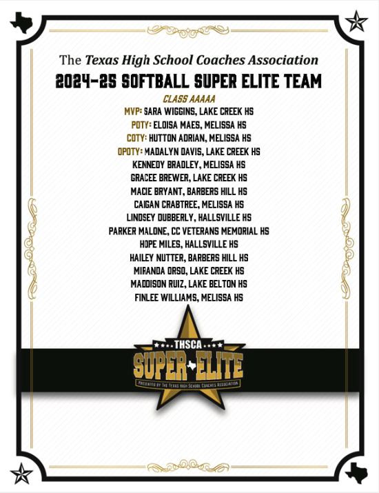 THSCA 2024-25 5A Softball Super Elite Team includes: Pitcher of the Year - Eloisa Maes ('27), Catcher of the Year - Lulu Adrian ('27), Kennedy Bradley ('26, Florida), Finlee Williams ('27)

@texasglory @eastonfastpitch @ripitsports @gmsportsmedia1 @dmngregriddle