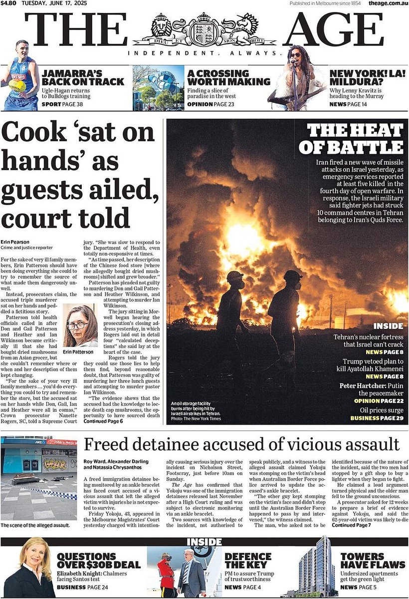 🇦🇺 Cook 'Sat On Hands' As Guests Ailed, Court Told

▫Prosecutors have begun their closing address to the jury by laying out the four “calculated deceptions” they say show Erin Patterson’s guilt
▫<a href="/epearson_3/">erin pearson</a>

#frontpagestoday #Australia <a href="/theage/">The Age</a>