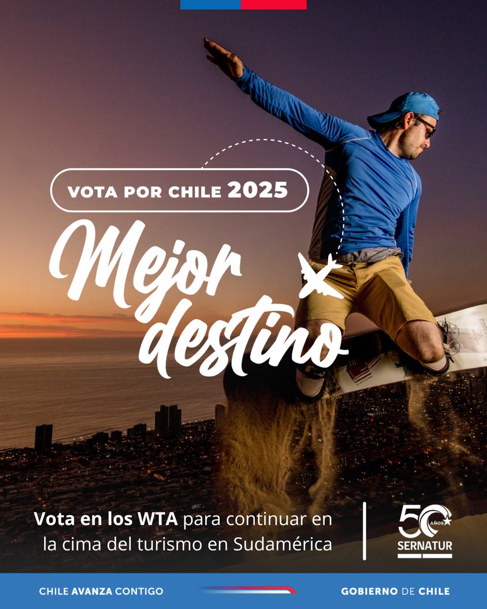 #VotaxChile en los <a href="/WTravelAwards/">World Travel Awards</a> para revalidar nuestro liderazgo en Sudamérica 🏆

⭐ Destino líder
⭐ Turismo Aventura
⭐ Naturaleza
⭐ Destino Verde
⭐ Mejor Ciudad (Santiago).
⭐ Mejor Destino Romántico (desierto de Atacama)

Puedes votar en chileestuyo.cl/votaxchile 🗳️