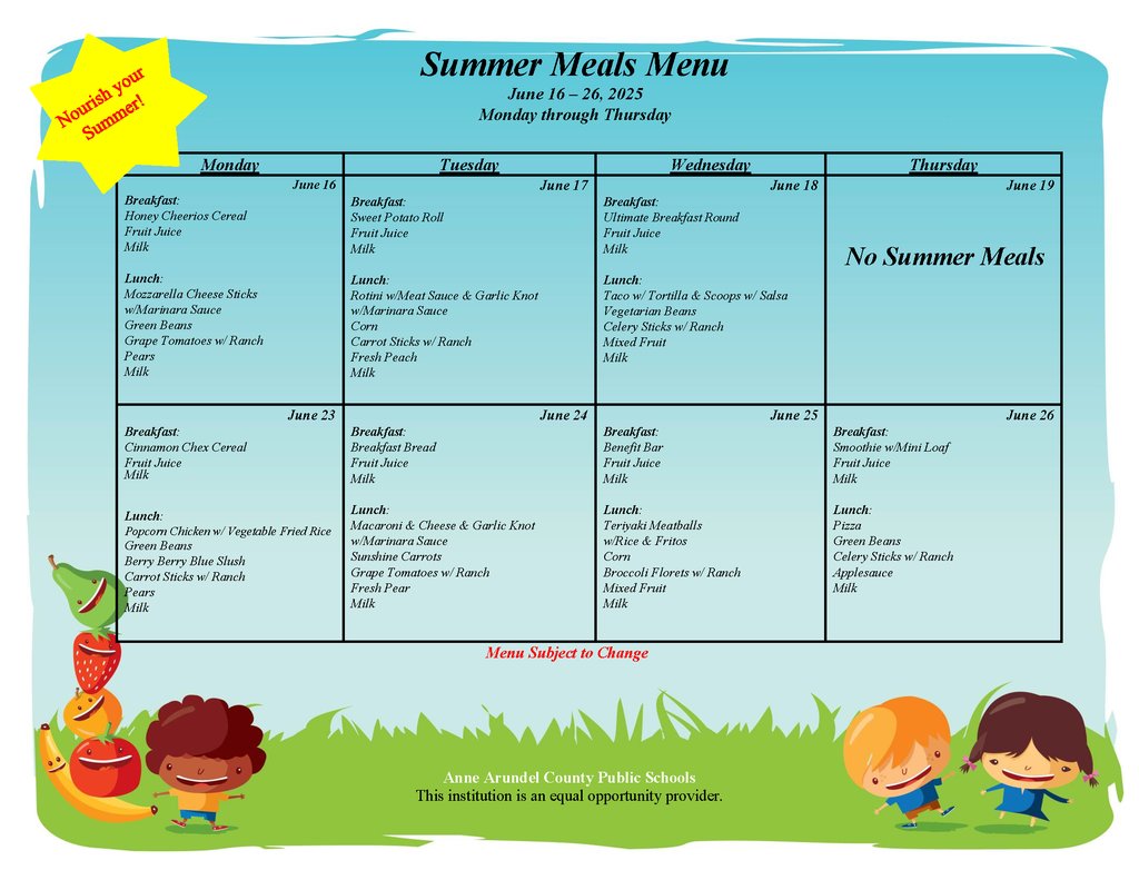 Anne Arundel County Public Schools' summer meal program has begun! Please go to aacps.org/summermeals for a list of meal sites and menus. #BelongGrowSucceed #AACPSFamily