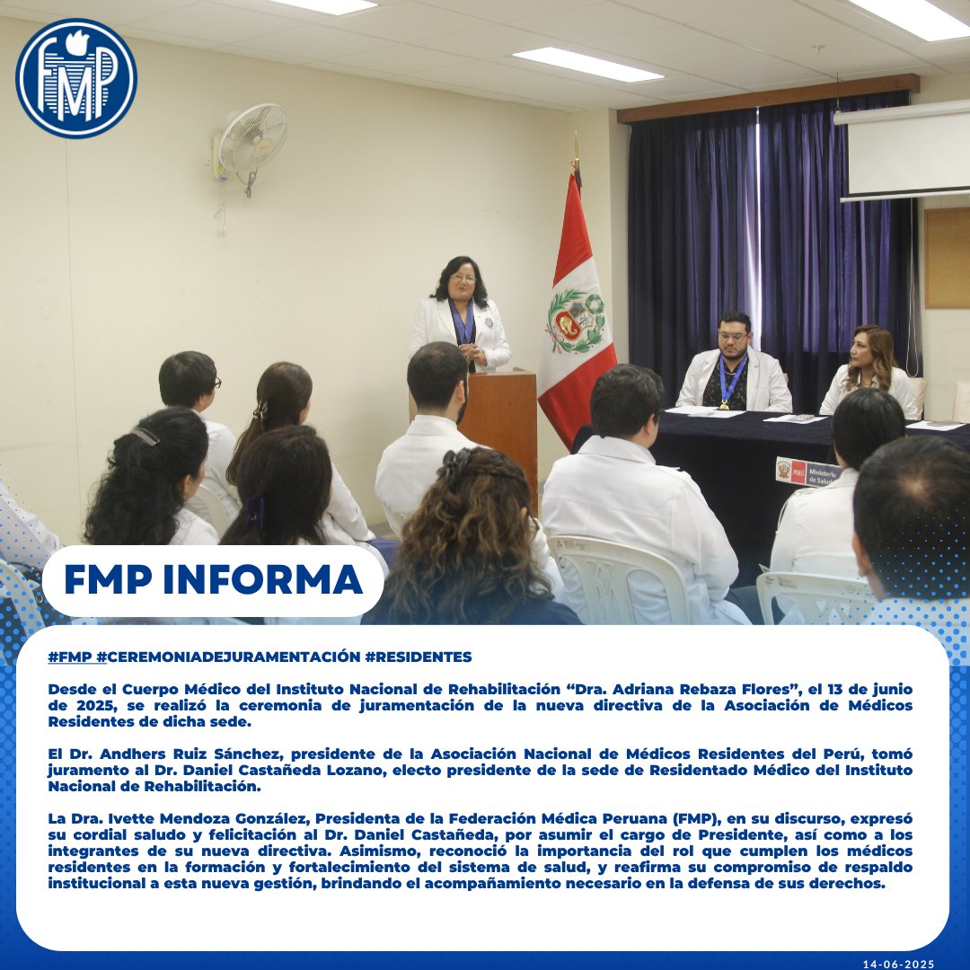 FOTOS | 📸
🔵👨🏻‍⚕️👩🏻‍⚕️ Desde el Cuerpo Médico del Instituto Nacional de Rehabilitación “Dra. Adriana Rebaza Flores”, el 13 de junio de 2025, se realizó la ceremonia de juramentación de la nueva directiva de la Asociación de Médicos Residentes de dicha sede.