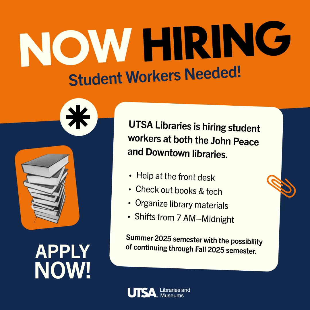 📣 UTSA students! We’re hiring at UTSA Libraries for summer—with a chance to stay on through fall! 
📚 Flexible hours, great experience, on-campus work. Apply now!
👉 bit.ly/libraries_hiri…

#UTSA #StudentJobs #UTSALibraries #RoadrunnerNation