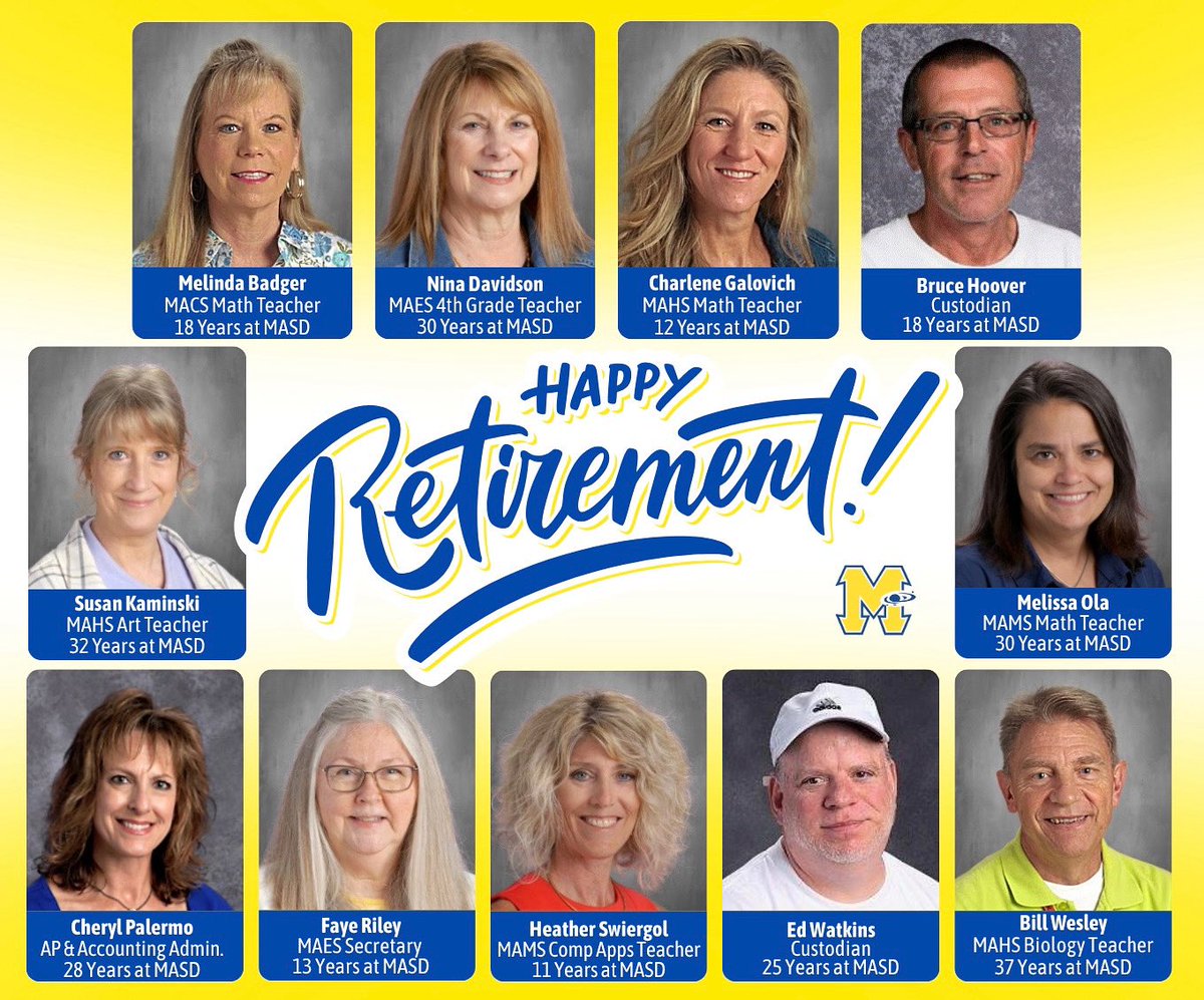 💙💛🎉 A big congratulations to our retiring teachers and staff! Thank you for your hard work and years of dedication to #marsarea. Here’s to new beginnings, fun adventures, well-deserved relaxation, and all the joy ahead! You will be missed! 🥳 #marsproud