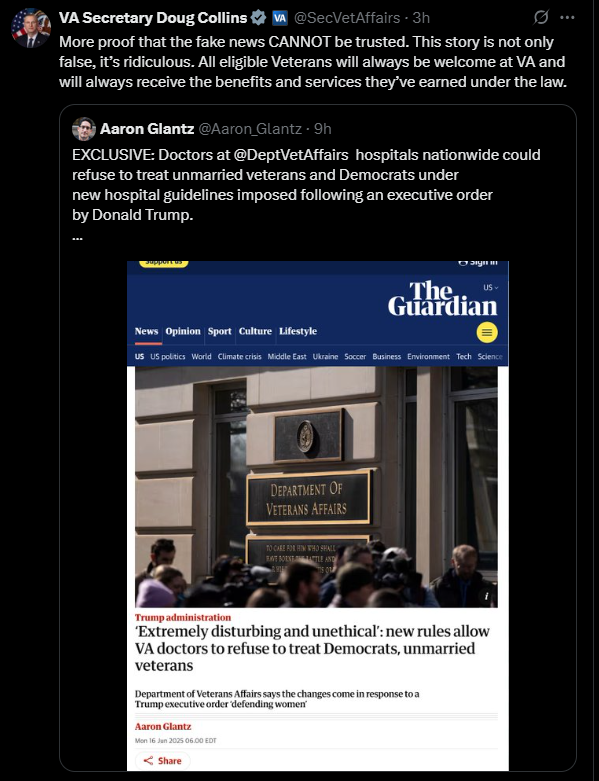Senator Patty Murray (@pattymurray) on Twitter photo If it's not true, this should be easy: <a href="/SecVetAffairs/">VA Secretary Doug Collins</a>, did you or did you not explicitly REMOVE language requiring health care professionals to care for veterans regardless of their politics and marital status? If it's not true, this should be easy: <a href="/SecVetAffairs/">VA Secretary Doug Collins</a>, did you or did you not explicitly REMOVE language requiring health care professionals to care for veterans regardless of their politics and marital status?