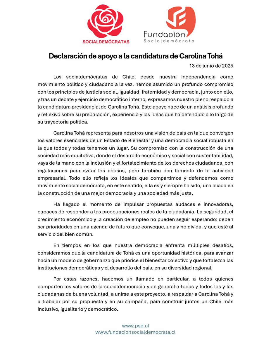 psd_cl's tweet photo. #SocialdemócratasxToha lee nuestra declaración de apoyo a @Carolina_Toha.  Gobernabilidad, capacidad y Estado de Bientestar!!!. Revisa nuestra web https://t.co/NBWllSNioV 
 y descarga nuestra propuesta programática Socialdemócrata. https://t.co/b7KzYC14IM