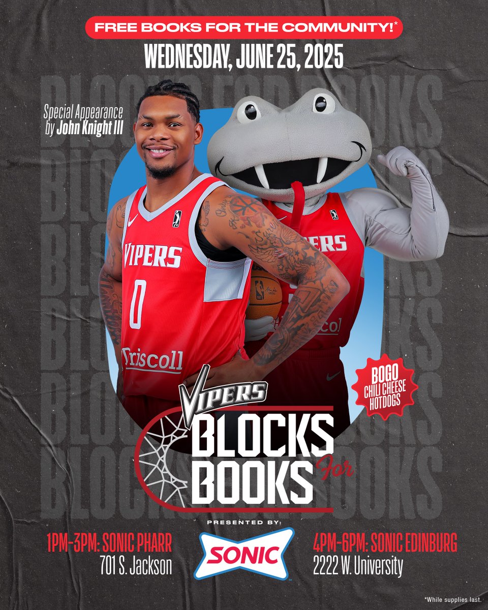 We’re giving FREE books to the kids of the RGV 📚 

Visit one of two Sonic locations on Wednesday, June 25th and receive at least one free book while supplies last 📚

Grade Levels:
Kinder - 12th

Locations:
Sonic on 701 S. Jackson from 1:00pm - 3:00pm
Sonic on 2222 W. University