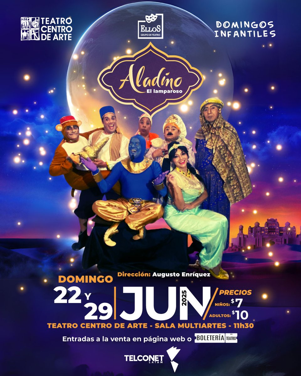 ¡Este domingo no te quedes en casa! Disfruta “Aladino, el lamparoso” en familia: magia, risas y aventuras para grandes y chicos.
🗓️ 22 y 29 de junio | ⏰ 11:30 a.m.
📍 Sala Multiartes, Teatro Centro de Arte
🎟️$7 niños /$10 adultos
¡Entradas en la web y boletería!
#TeatroInfantil