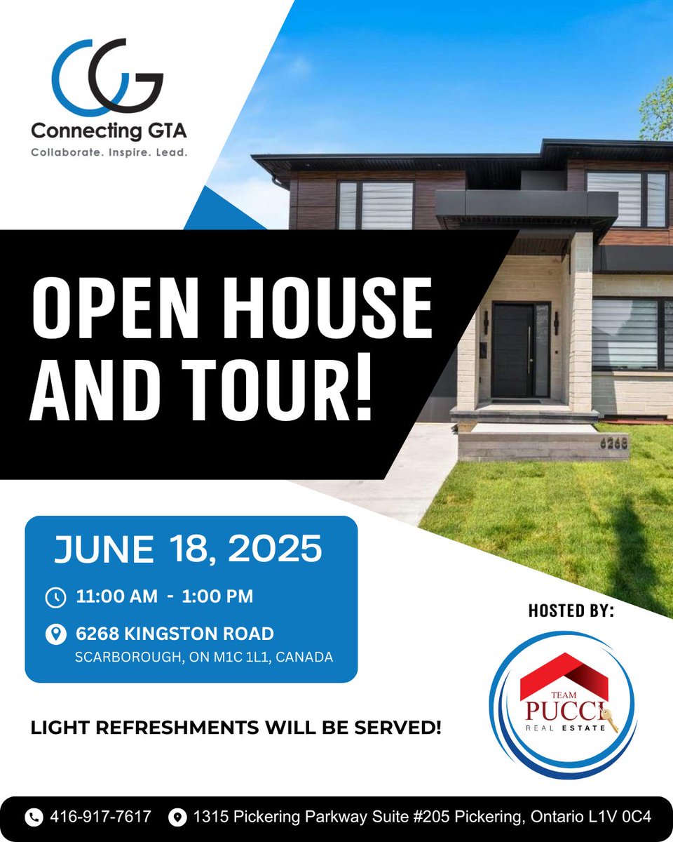 You're Invited, Open House &amp; Tour!
Hosted by: Angelo Pucci

Light refreshments will be served

🗓️ Date: June 18, 2025
⏰ Time: 11:00 AM – 1:00 PM
📍 Location: 6268 KINGSTON ROAD
Register: eventbrite.com/e/open-house-a…

#OpenHouse #AngeloPucci #CommunityEvent #Networking #JoinUs