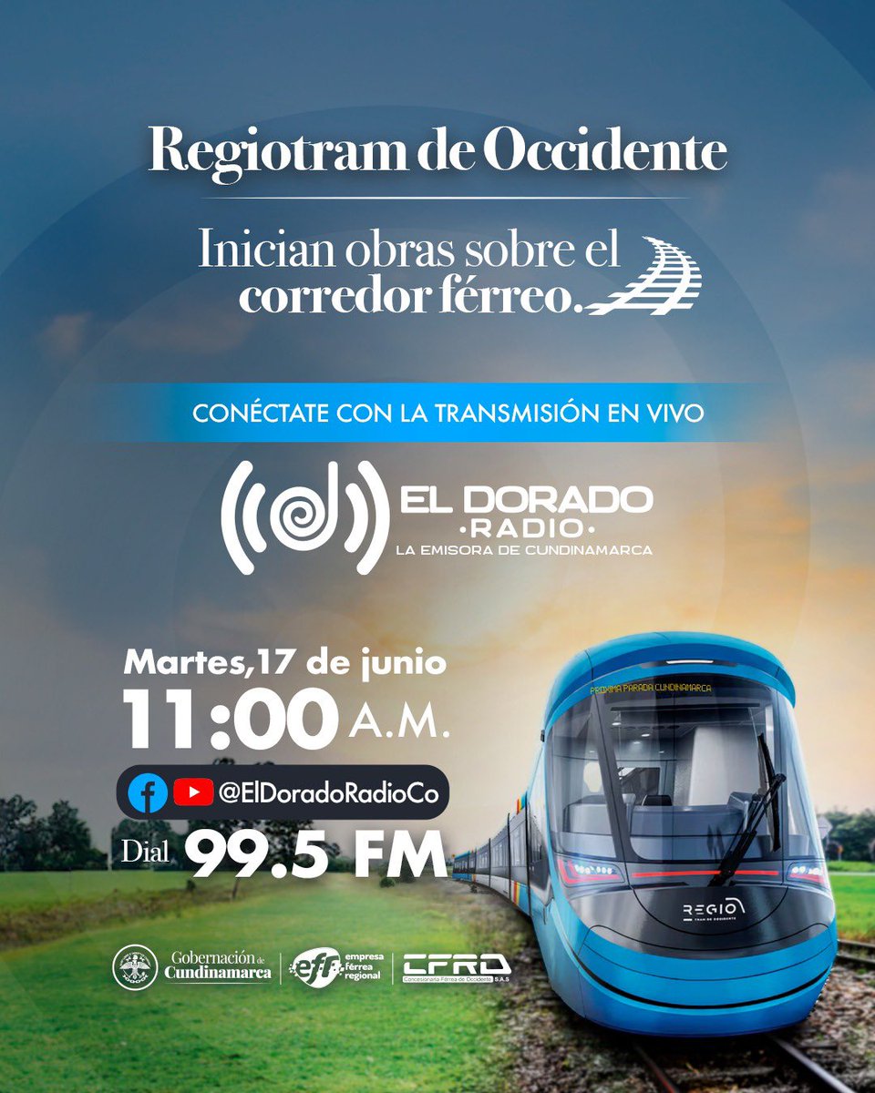 ¡Comienzan las obras sobre el corredor férreo del #RegioTram de Occidente!

El proyecto que pondrá a #Cundinamarca sobre rieles y transformará la movilidad en el departamento.

🎙️ Transmisión:
📍 Martes, 17 de junio
⏰ 11:00 a. m.
📻 99.5 FM #ElDoradoRadio

#RegioSobreRieles