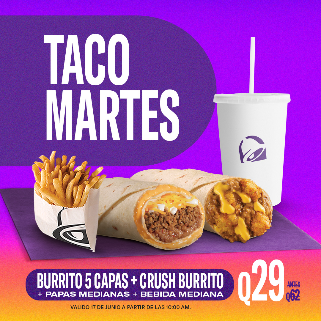 Tu papá nos llamó y nos dijo que mañana regresa a comer su combo favorito de Taco Martes contigo. 😝😝

Burrito 5 Capas + Burrito Crush + Papas Medianas + Bebida Mediana por Q29.

Pídelo en cualquiera de nuestros restaurantes o a domicilio al 2202-0111.

📲Ordena aquí: